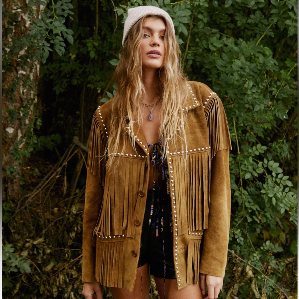 Nasty Gal Real Suede Studded Fringe Jacket